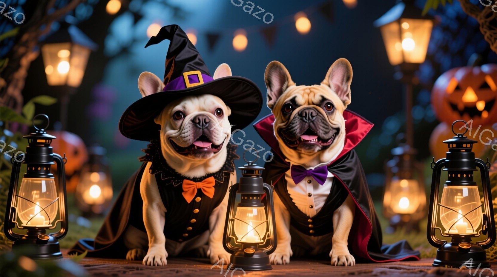 二匹のフレンチブルドッグがハロウィーンの衣装を着て並んでいます。左の犬は魔女の帽子とオレンジ色のリボン、黒いマントを着ており、右の犬は紫色のリボンと赤いマントを身につけています。背景には、かぼちゃのランタンや点灯したランタンが並び、ハロウィーンらしい不気味で楽しい雰囲気を醸し出しています。