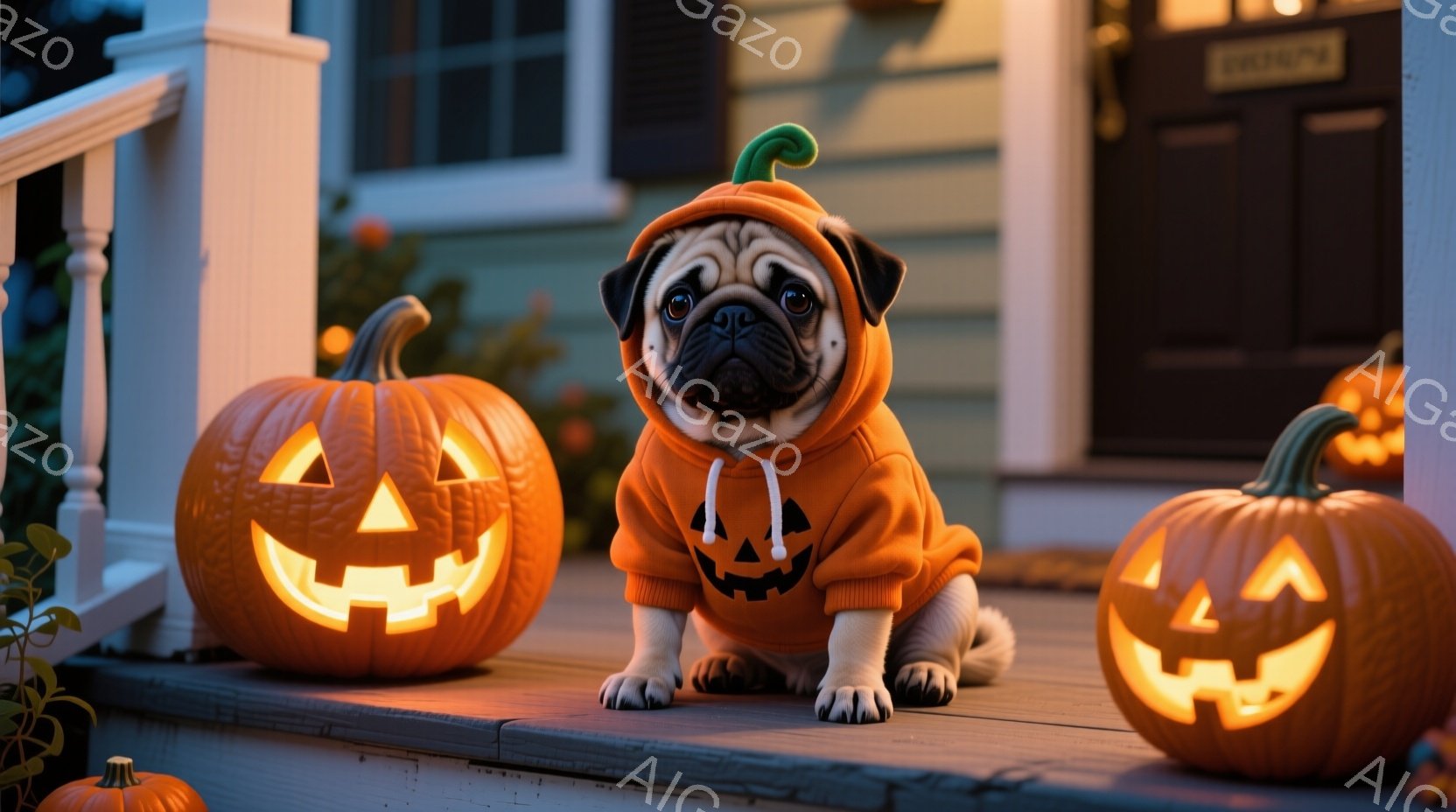 小さなパグがハロウィーンの衣装を着て、玄関の段上に座っています。オレンジ色のパーカーにはお化けの顔が描かれており、可愛らしい表情をしています。背景には、ジャック・オー・ランタンがいくつか置かれ、暖かく - AI生成フリー素材