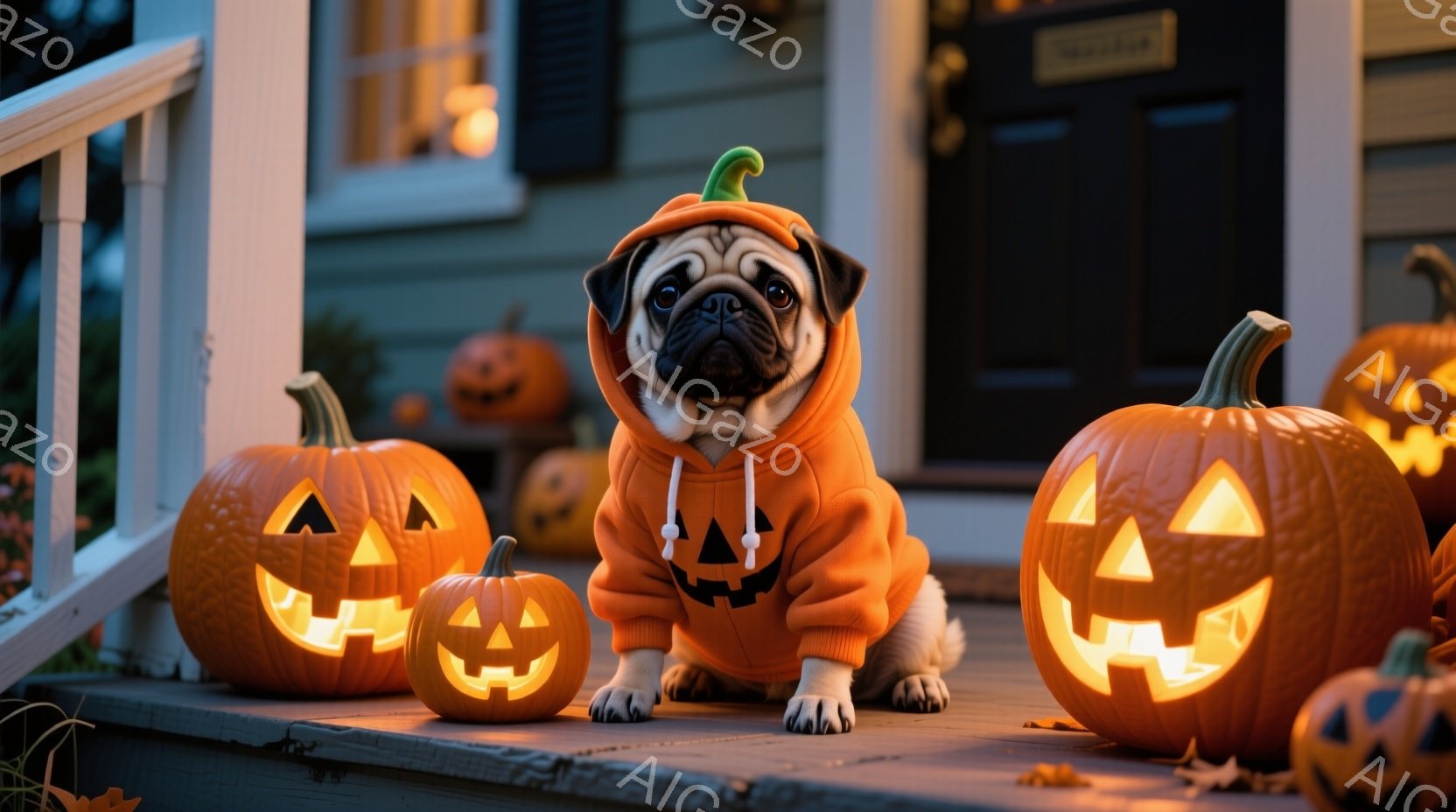 パグがハロウィーンの衣装を着て、彫刻されたジャック・オー・ランタンに囲まれて家の下の階段に座っています。オレンジ色のパーカー型の衣装を着ており、正面には黒い模様が施されています。背景には、さまざまな大 - AI生成フリー素材