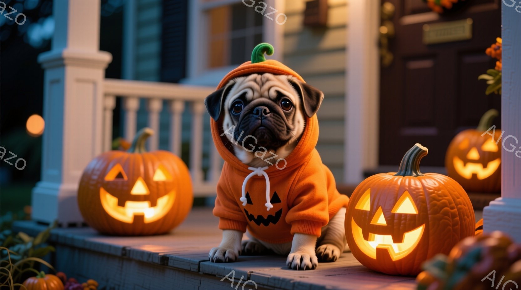 茶色いパグが、ハロウィーンの衣装であるオレンジ色のパーカーを着て、階段の上に座っています。そのパーカーにはお化けの顔が描かれており、パグは少し困ったような表情をしています。背景には、光を灯したジャック・オー・ランタンが数個並び、家の玄関ポーチが薄暗く照らされています。