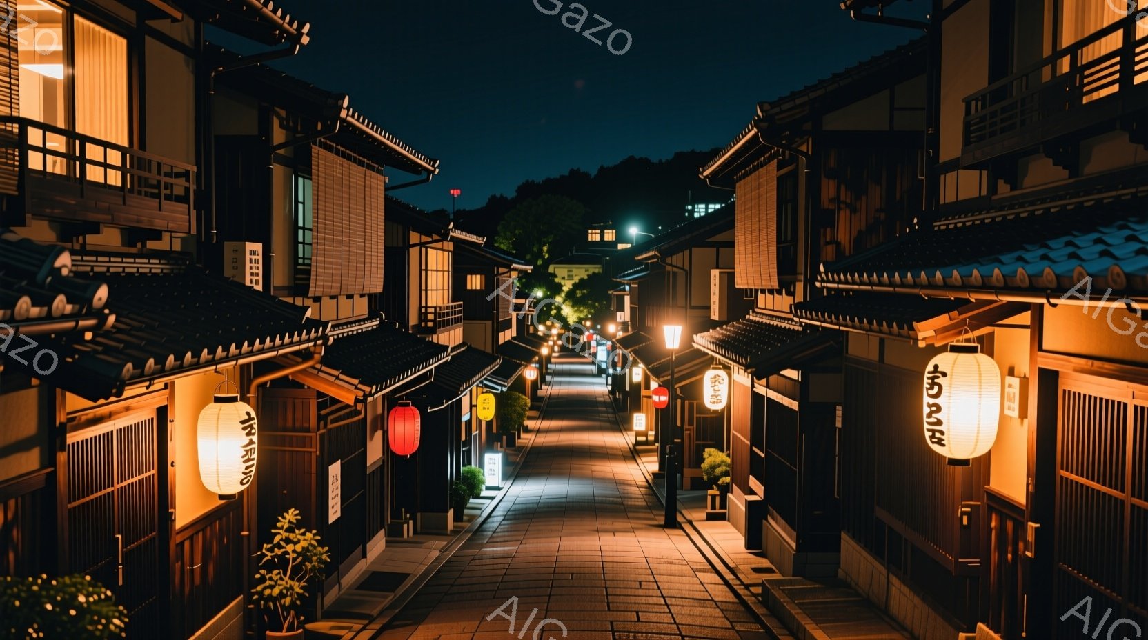 石畳の道が両側に古い木造建築に挟まれて、夜の風景を描いている。提灯が暖かく光を放ち、道の両脇の建物に影を落としている。遠くには街の明かりが見え、背景には緑豊かな山々がそびえ立ち、静かで趣のある雰囲気を - AI生成フリー素材