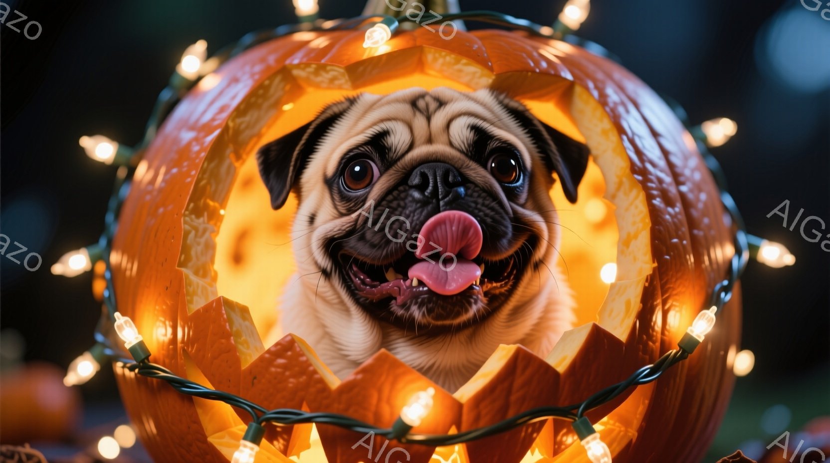 パグがオレンジ色のジャック・オー・ランタンの中に顔を出しています。パグは舌をペロリと出し、楽しそうな表情をしています。背景にはぼやけた光のイルミネーションがあり、ハロウィーンの温かく楽しい雰囲気を醸し - AI生成フリー素材