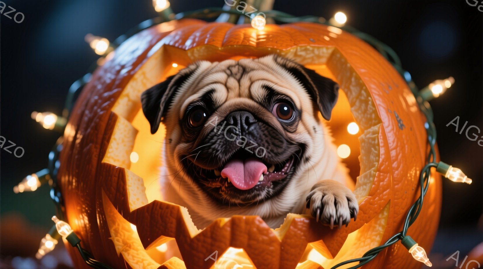 パグがハロウィーンのくり抜かれたカボチャの中に顔を出しています。パグは舌を出し、笑顔で、片方の前足をカボチャの縁につけています。背景には、温かい光を放つストリングライトがあり、お祝いの雰囲気を醸し出し - AI生成フリー素材