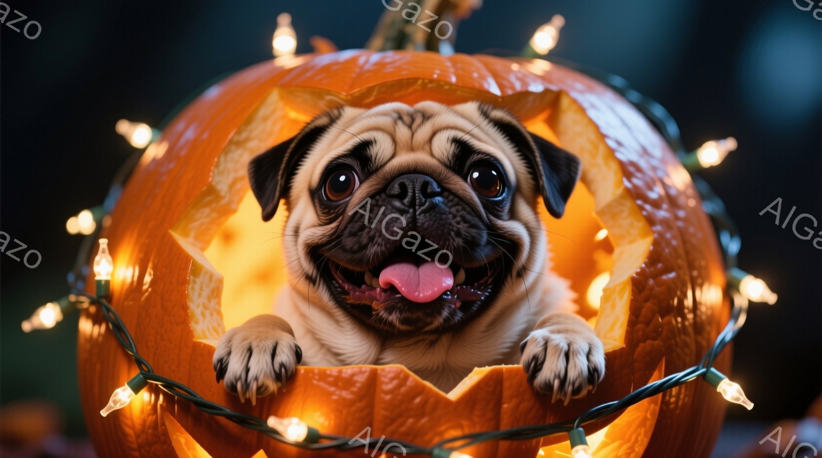 パグがくり抜かれたかぼちゃの中に頭と前足を入れ、楽しそうに舌を出して笑顔を浮かべています。周りにはオレンジ色のイルミネーションライトが飾られ、背景は暗闇で、ハロウィーンの楽しい雰囲気を醸し出しています - AI生成フリー素材