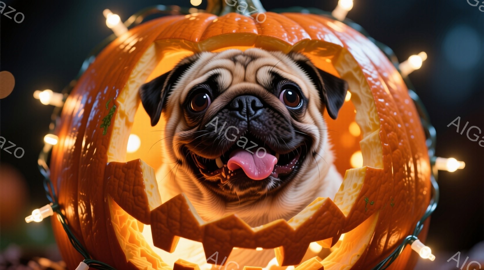 笑顔のパグが、ハロウィーンのくり抜かれたカボチャの中に顔を覗かせています。カボチャは明るいオレンジ色で、内部から光が漏れ、パグの毛並みや楽しそうな表情を際立たせています。背景には、光るハロウィーンライ - AI生成フリー素材