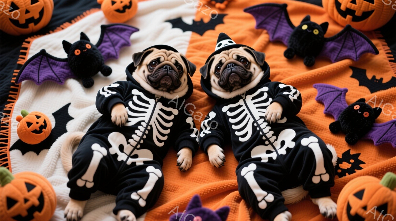 ハロウィーンをテーマにした背景に、骸骨のコスチュームを着た2匹のパグが写っています。2匹とも四つん這いで、リラックスした表情でカメラを見ており、背景にはオレンジ色のカボチャや黒いコウモリのぬいぐるみが - AI生成フリー素材