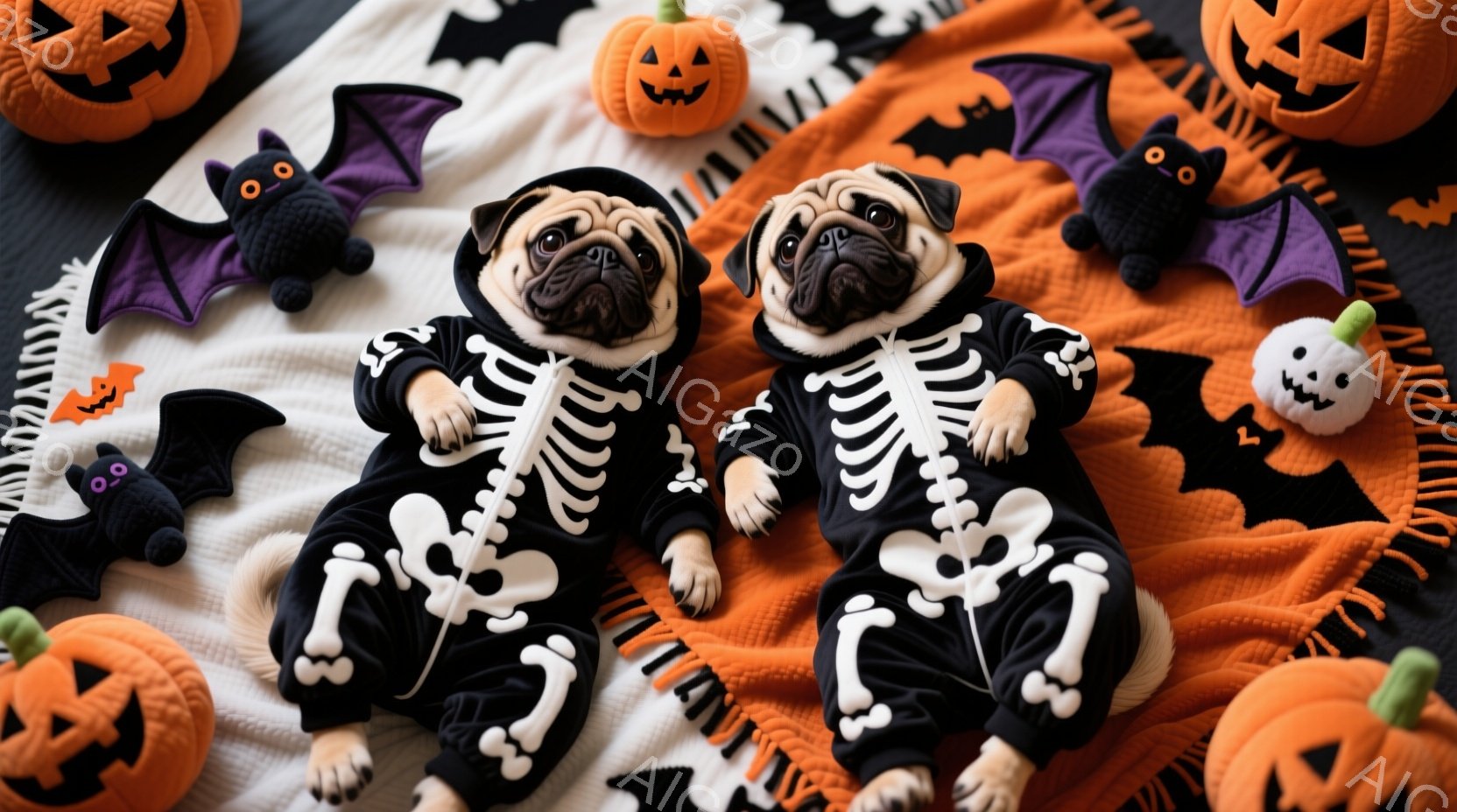 黒い背景にオレンジと白のストライプの布が敷かれ、その上に2匹のパグが骸骨のコスチュームを着て横たわっています。パグたちは少し困ったような表情で、前足を組んでリラックスした様子です。周囲にはハロウィーン - AI生成フリー素材