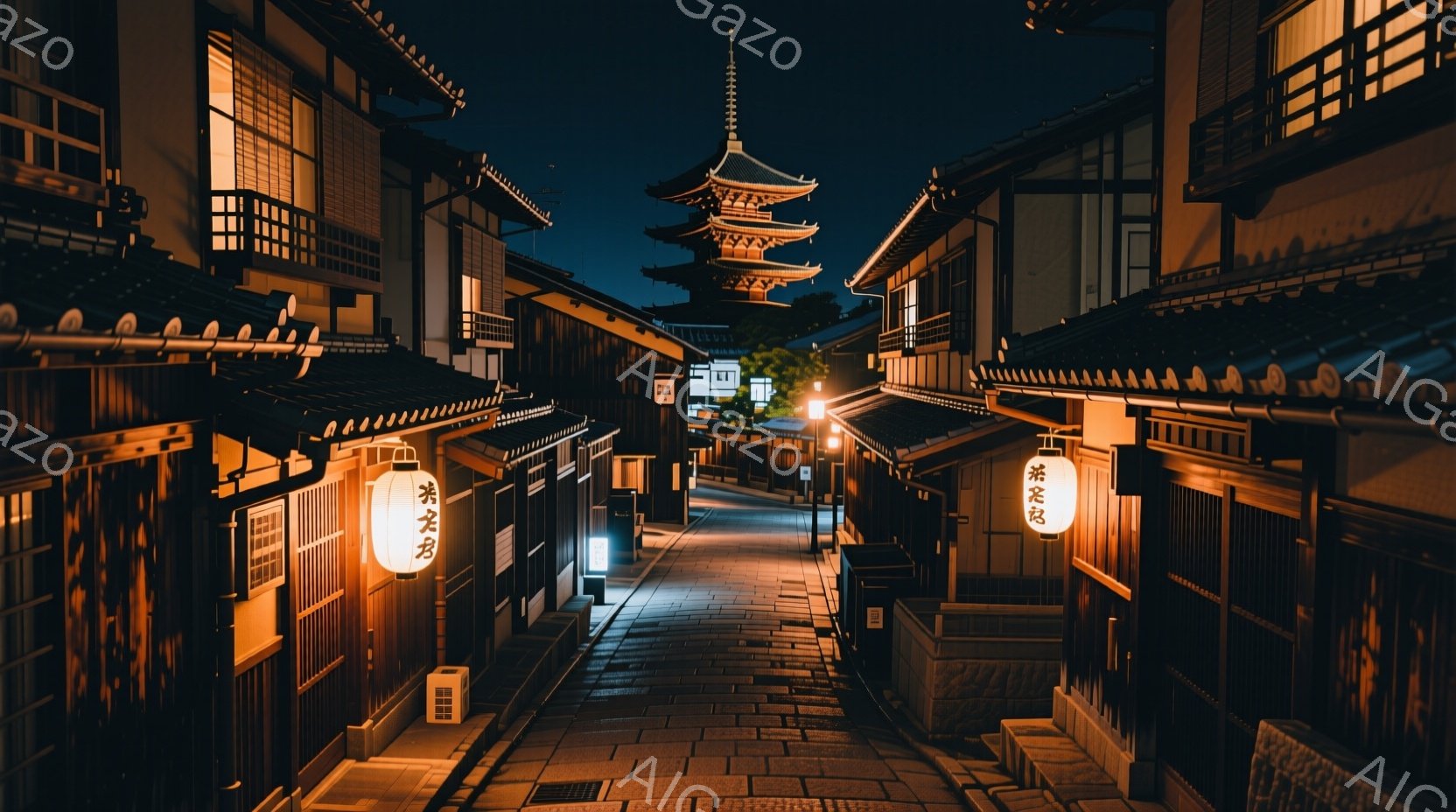 石畳の道が両側に木造建築が並び、遠くに五重塔が見える夜の風景です。暖色の提灯が灯り、道に温かい光を投げかけ、静かで落ち着いた雰囲気を醸し出しています。暗い夜空と建物の影が、より一層その静寂さを強調して - AI生成フリー素材