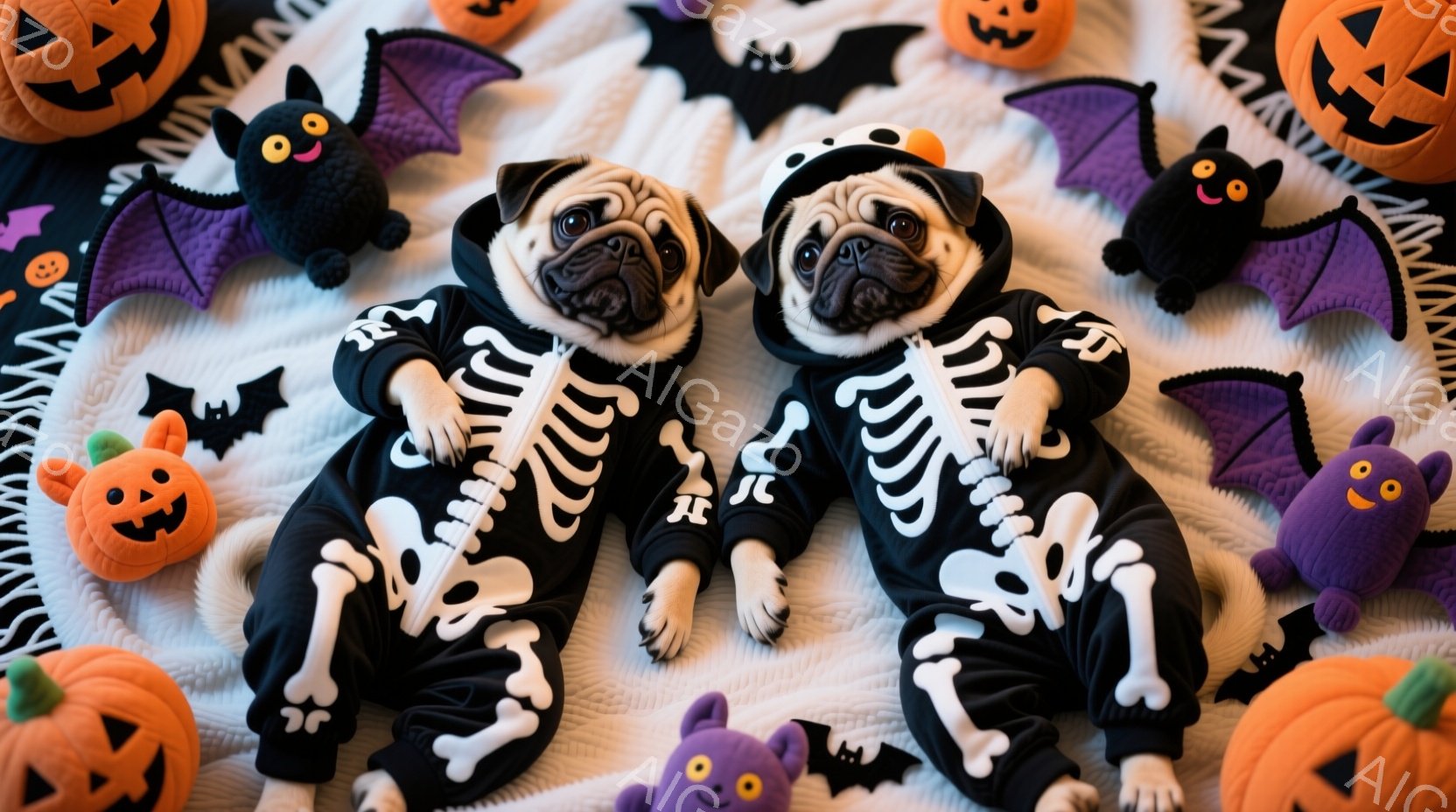 ハロウィーンの衣装を着た2匹のパグが写っています。黒地に骨のデザインが施されたジャンプスーツを着用し、頭にはお揃いの帽子をかぶっています。背景には、紫色のコウモリとオレンジ色のジャック・オー・ランタン - AI生成フリー素材