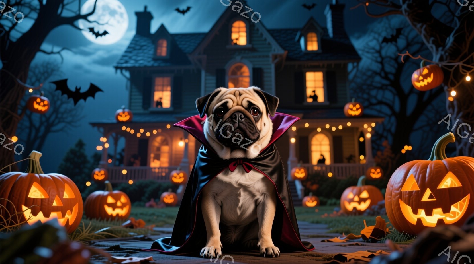愛らしいパグが、黒いマントと赤い襟をつけてハロウィーンの夜に座っています。背景には、ジャック・オー・ランタンで飾られた不気味な屋敷があり、暗い夜空にはコウモリが舞っています。全体的に、ハロウィーンの夜 - AI生成フリー素材