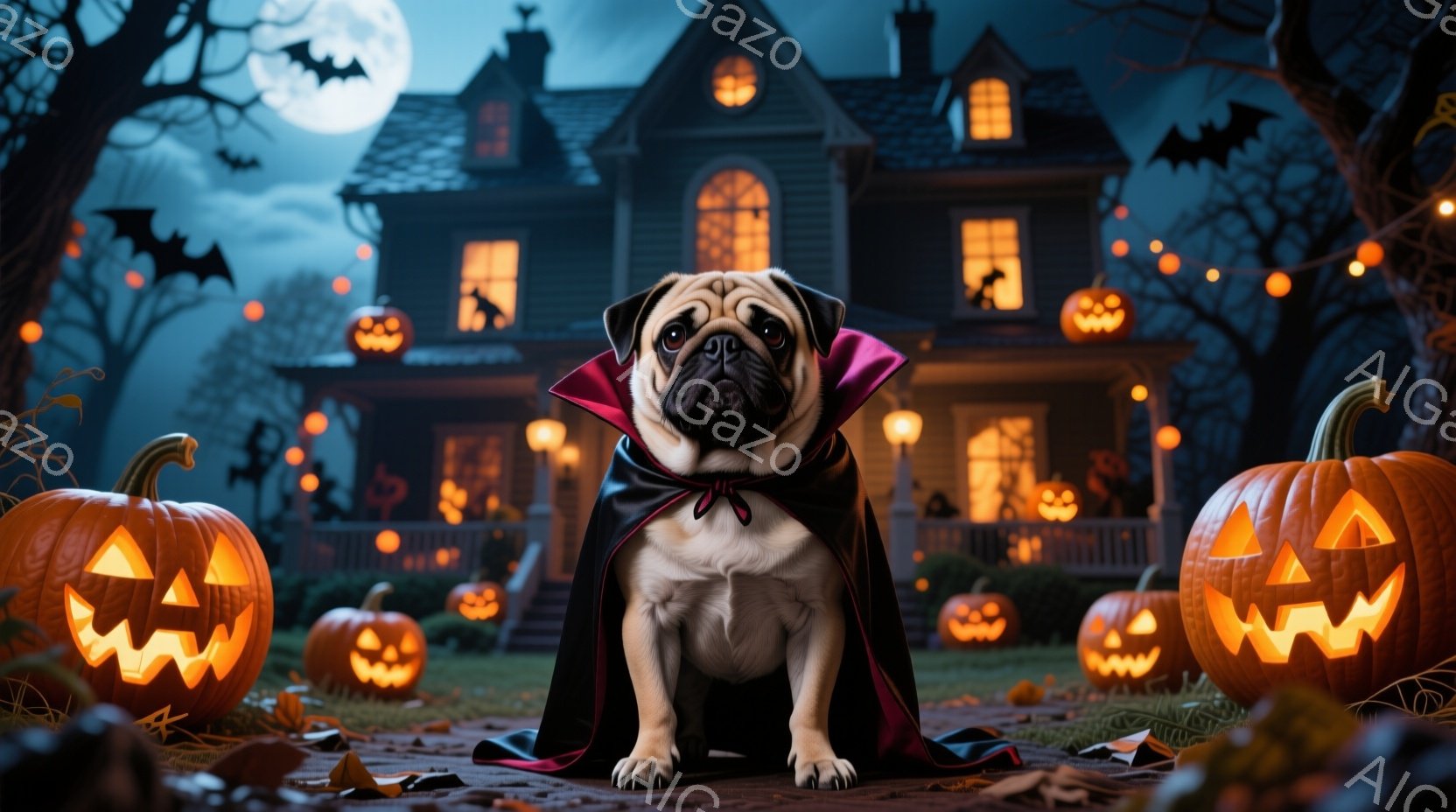 Pug犬がハロウィーンの衣装である黒いマントと赤い襟を身につけて座っています。背景には、オレンジ色のジャック・オー・ランタンで飾られた、不気味な雰囲気の大きな家があり、暗い夜空にはコウモリが飛び交って - AI生成フリー素材