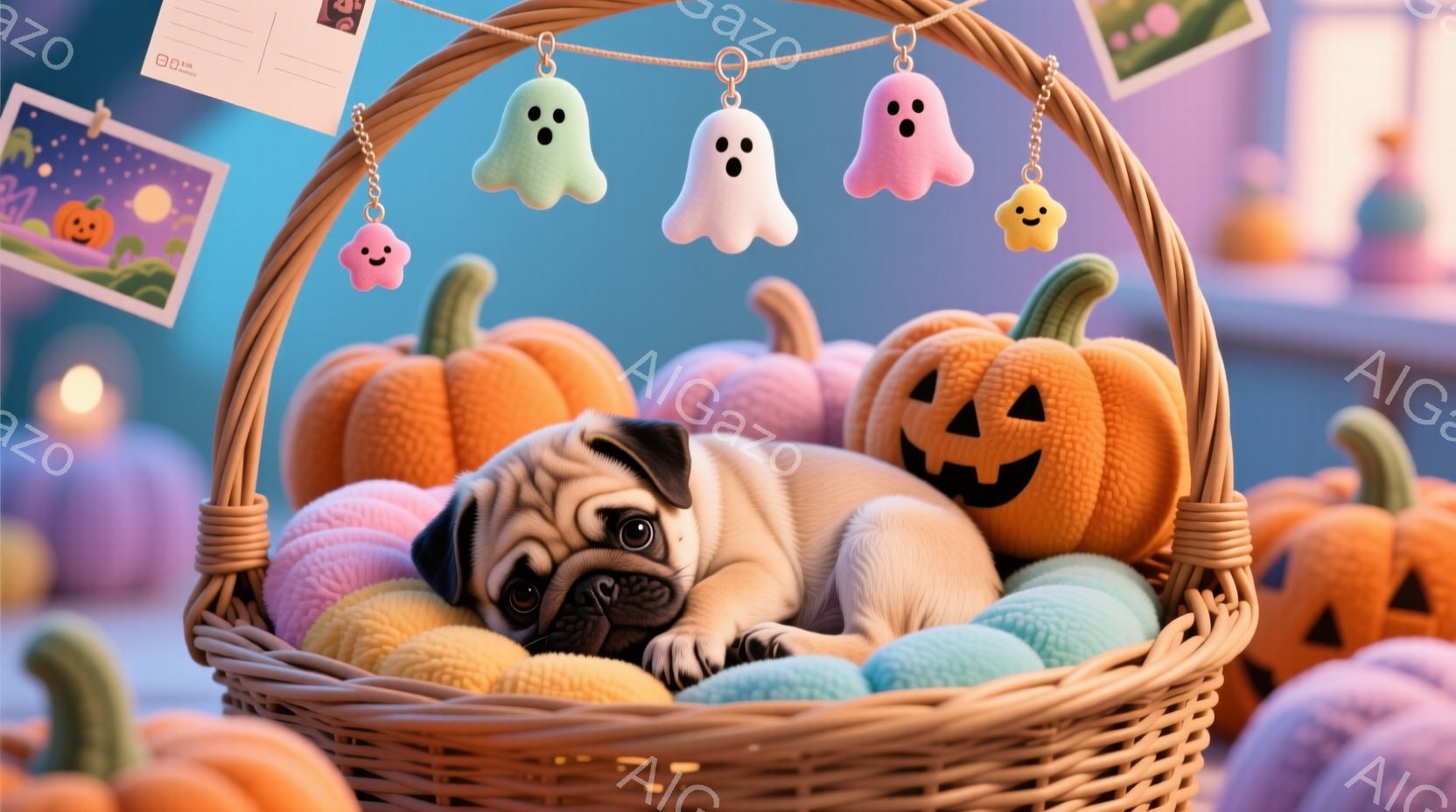 犬がハロウィン風味のチョコレートを入ったバスケットの中に入り、枕として使用する場面である。その目は閉じており、犬は落ち着いて寝ている。バスケットは多くの色鮮やかなハロウィンのパフェで埋められており、それが背景にある。様々な幽霊のデコレーションも描かれています。漫画のようなスタイルで描かれ、楽しくカラフルな調和を持っている。