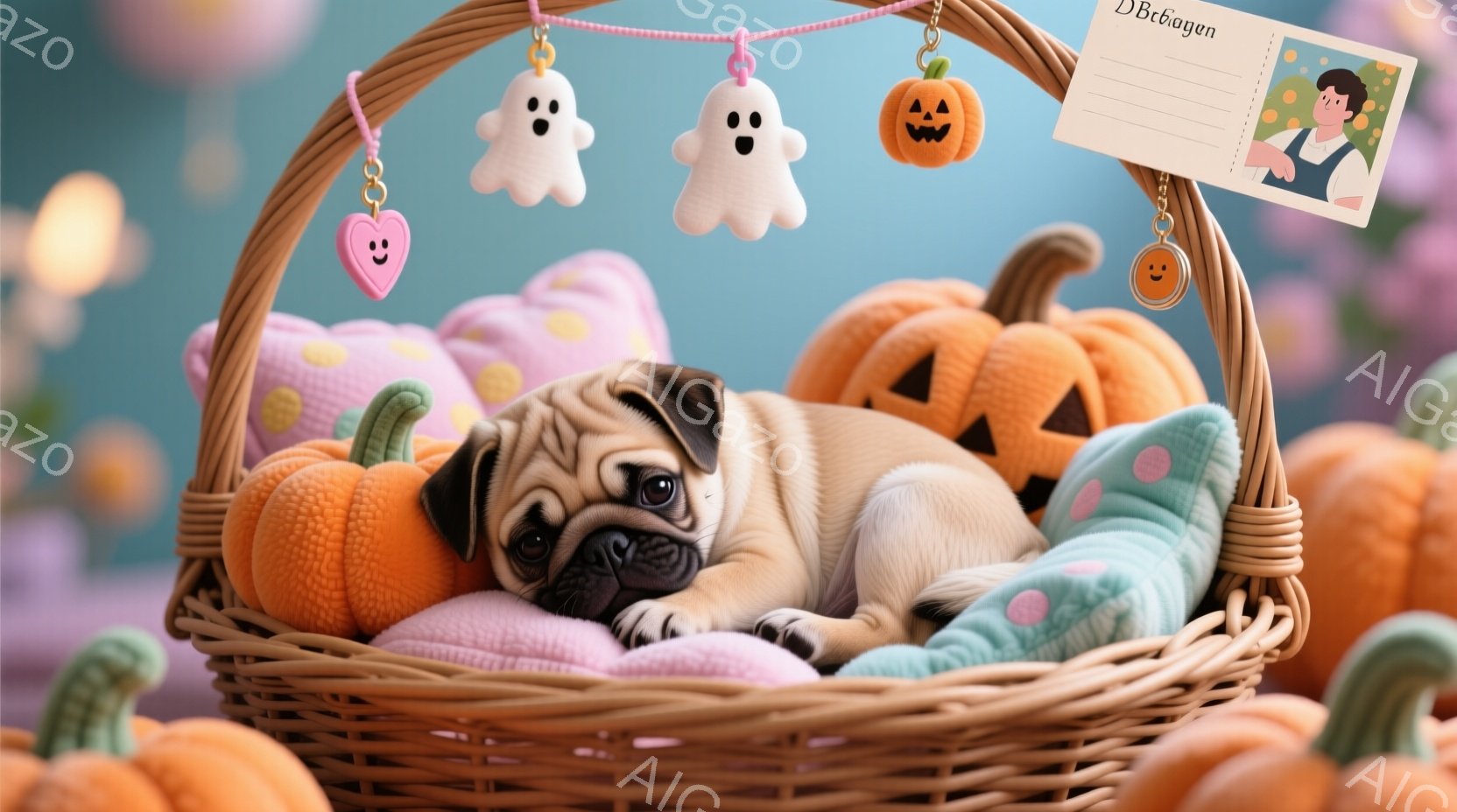 籐編みのバスケットの中に、愛らしいパグの子犬が横たわっています。周囲には、ハロウィーンを象徴するカボチャや幽霊の飾りがあり、明るいピンク色の背景が秋の優しい雰囲気を醸し出しています。子犬はリラックスし - AI生成フリー素材