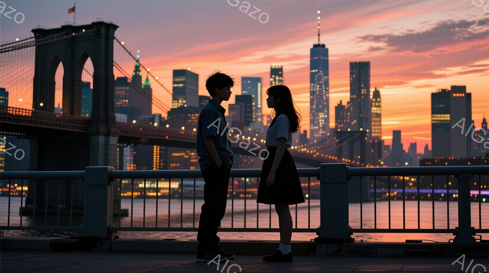 少年と少女が並んで立っており、少年は濃い青色のシャツに黒いズボンを履き、黒髪の短髪です。少女は白いシャツに黒いスカートを履き、長い黒髪をしています。背後にはブルックリン橋とマンハッタンの夜景が広がり、夕焼け空がオレンジとピンクのグラデーションを描き、ロマンチックで少し切ない雰囲気を醸し出しています。