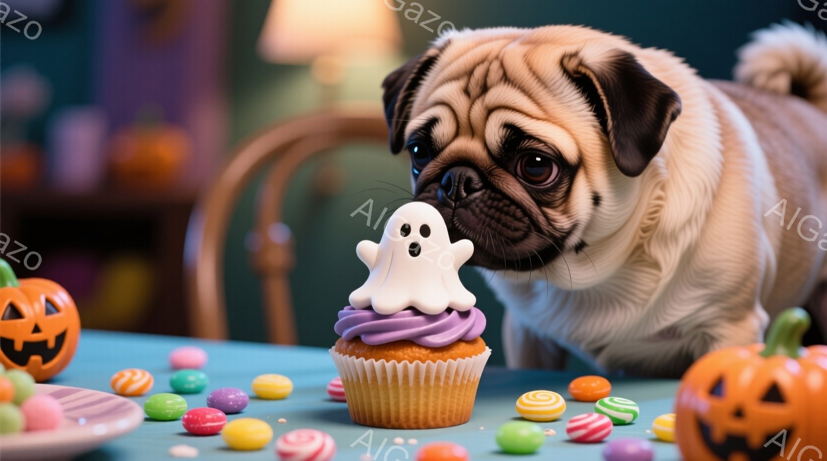 パグが、ハロウィーンをテーマにしたカップケーキに顔を近づけています。カップケーキには紫色のクリームと白いお化けの飾りがついており、テーブルの上にはカラフルなキャンディーが散りばめられています。背景には - AI生成フリー素材