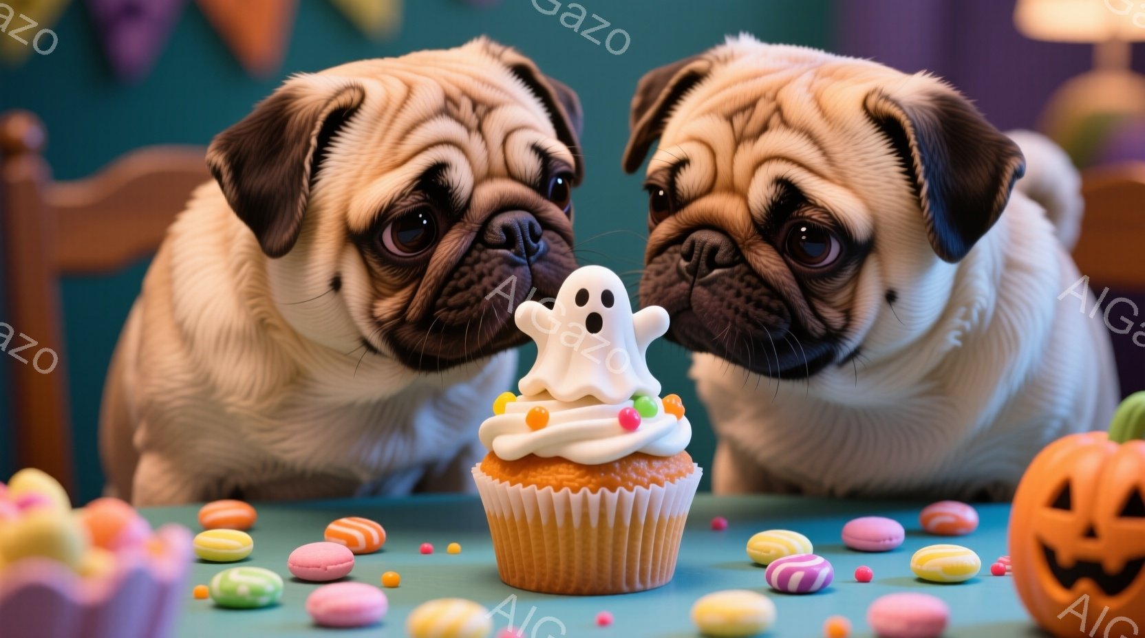 二匹のパグが、クリームと白いお化けのデコレーションが施されたカップケーキに興味津々で顔を寄せている様子が描かれている。テーブルの上には、カラフルなキャンディーや、お化けの顔が描かれた小さなカボチャが散 - AI生成フリー素材