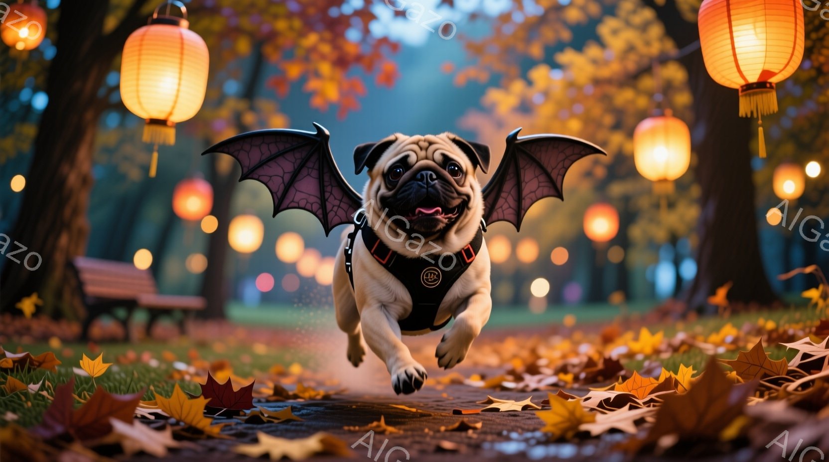 かわいいパグ犬が、まるで空を飛んでいるかのように地面を駆け抜けています。ハロウィーンを思わせるコウモリの羽とベストを身につけ、嬉しそうな表情で楽しんでいます。背景には鮮やかな紅葉と、ぼんやりと光る提灯 - AI生成フリー素材