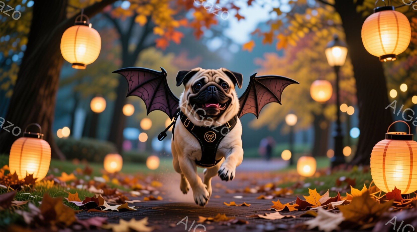 秋の夜景を舞台にした写真です。中央には、飼い主が抱っている小型犬が描かれています。犬は「ドラキュラ」風の翼を持ち、飛んでいるように見えるように単独で走っています。飼い主は左手で犬を抱き、右手は空になっています。 全体として、軽やかで、楽しい雰囲気を持っています。犬の表情は興奮的であり、飼い主も感情に訴えるような微笑みが見られます。この場面は、おそらく家族や友人と一緒に楽しむ特別なイベントを示唆しています。