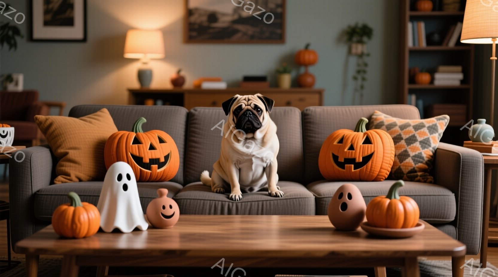 灰色のソファに座っているパグが中央にいます。ハロウィーンの飾りとして、周囲には様々な大きさのジャック・オ・ランタンや幽霊の置物が配置されています。背景には木製の棚や植物が見え、暖かく落ち着いた雰囲気の - AI生成フリー素材