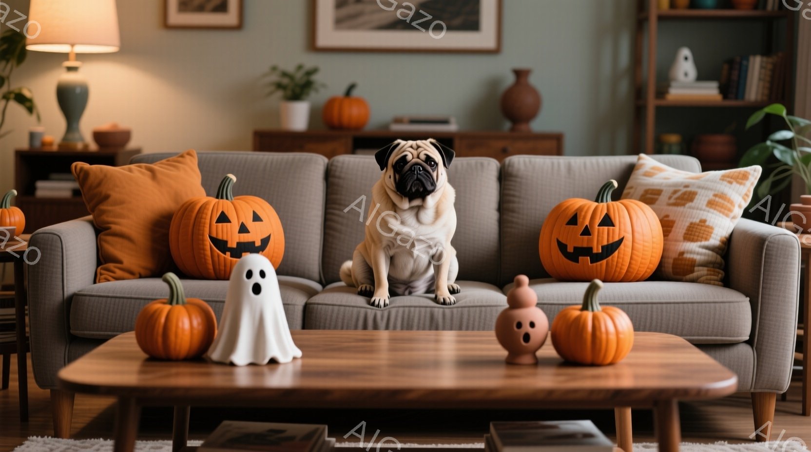 灰色のソファにパグが座っており、その周りにはハロウィーンの装飾が並んでいます。オレンジ色のカボチャ、白いお化け、可愛らしいお化けのカボチャが、お祝いの雰囲気を醸し出しています。背景には木製の棚と植物が見え、暖かく心地よいリビングルームの雰囲気です。