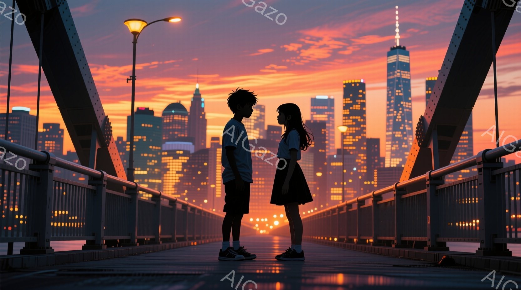 男女が橋上で話し合う。男性はシンプルなトップス、女性はスカーフを伴った短めの髪型。彼らは顔向け、距離感がある。夜景のニューヨーク市背景で、屋台から軽い光が溶け出している。