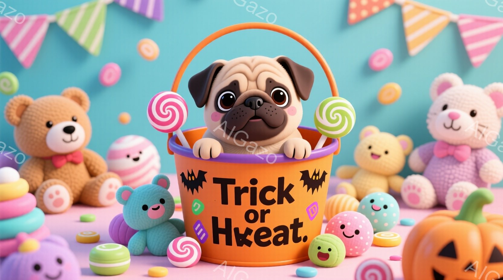 This is an image of a small pug dog sitting in a basket filled with various candies, likely for Halloween. The dog has a distinctly sad or slightly displeased facial expression while looking directly at the viewer. The background consists of colorful confetti and balloons, contributing to a festive atmosphere. There is also an array of other Halloween-themed items in the background, such as teddy bears dressed in costumes. The image has a whimsical tone, with the dog's solemn expression contrasting humorously against the vibrant and celebratory setting.