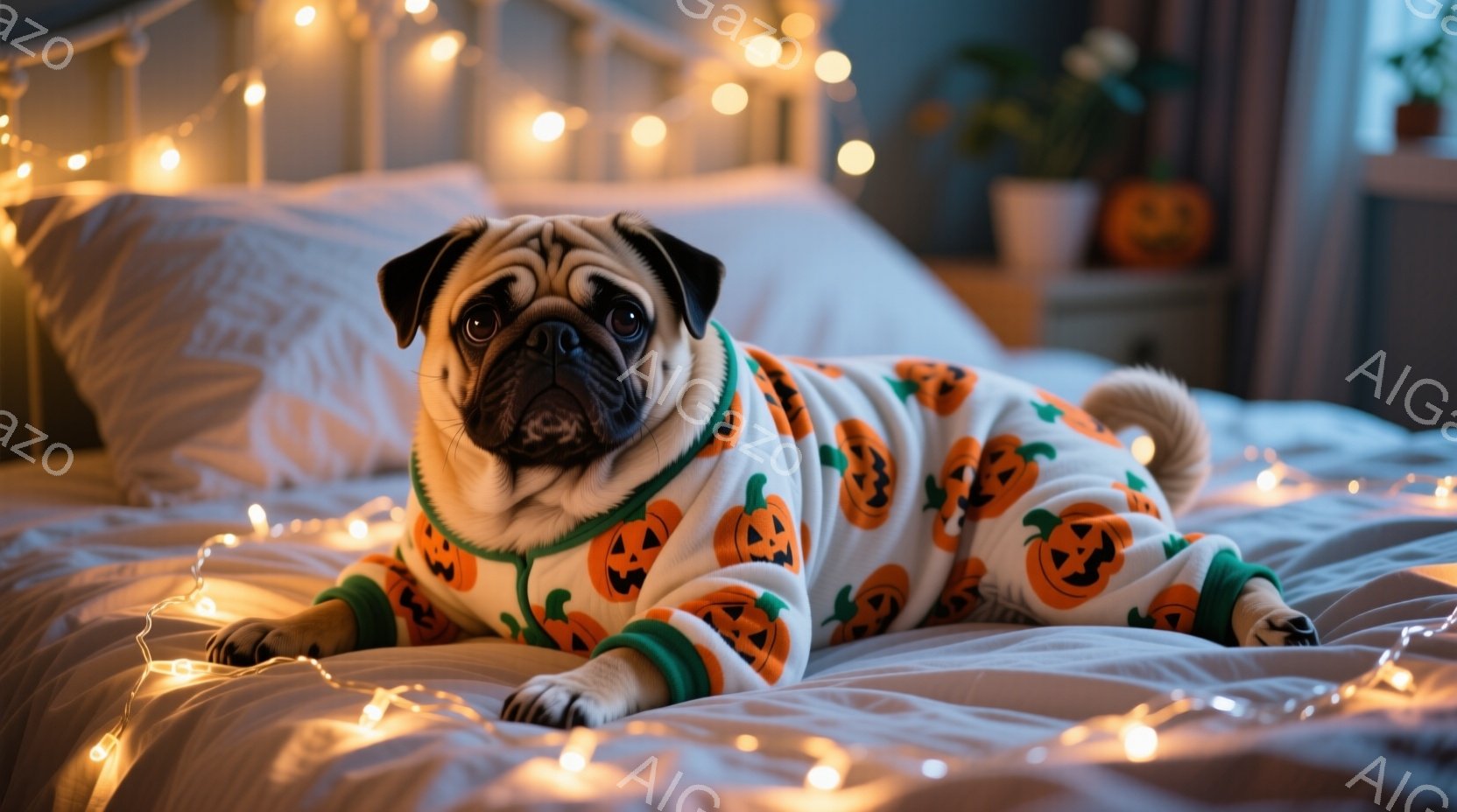 白い背景のベッドに、オレンジと白のハロウィーン柄のジャンプスーツを着たパグが横たわっています。犬はリラックスした表情で、前足を伸ばしてカメラを見つめています。背景には、ぼやけたハロウィーンの装飾や、温かみのある光のガーランドが見え、秋らしい雰囲気です。