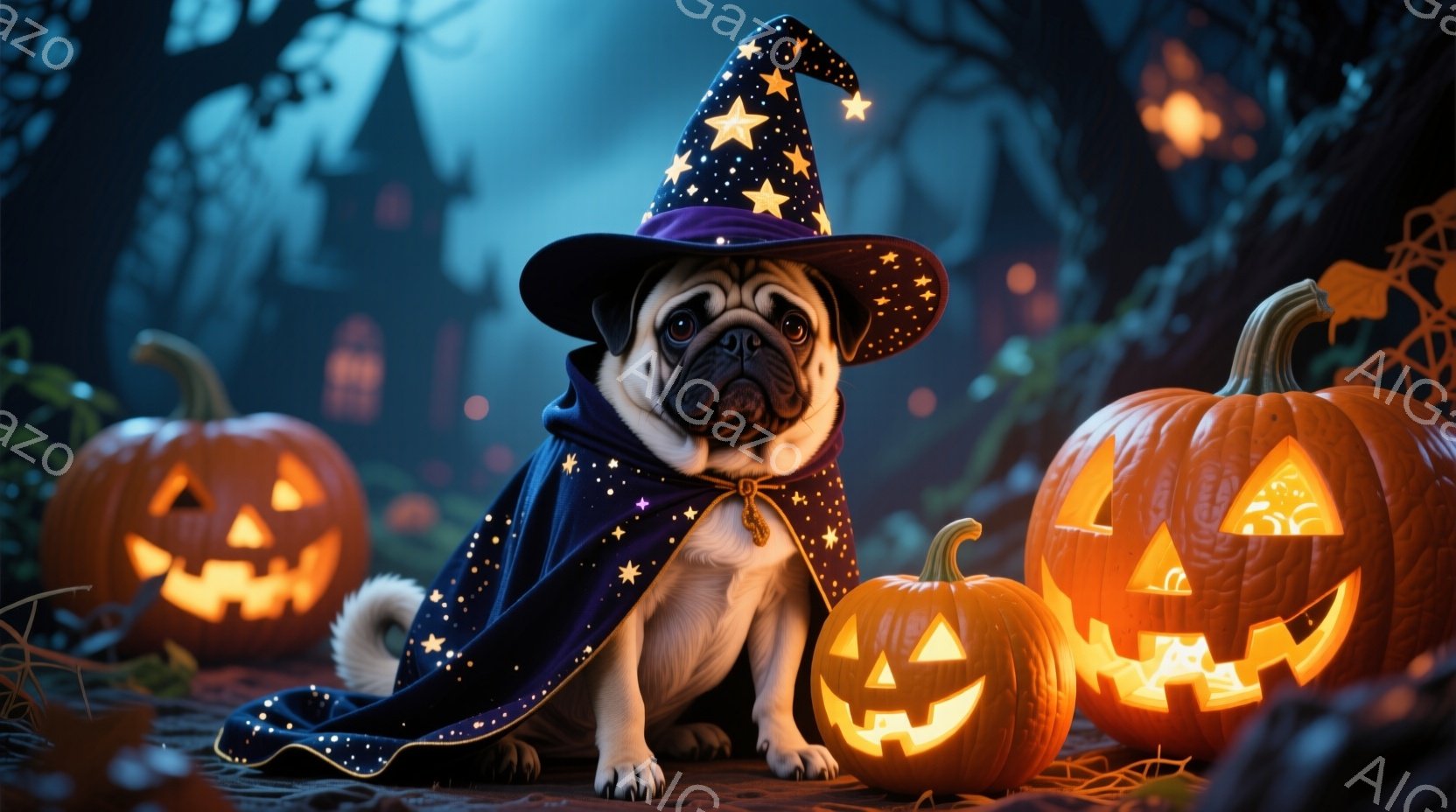 小さなパグ犬がハロウィーンの衣装を着て座っています。紫色の星柄のケープと先の尖った魔女帽子を身につけ、少し驚いたような表情をしています。背景には、ジャック・オ・ランタンが並び、遠くにはシルエットの建物が見え、夜の森の雰囲気です。