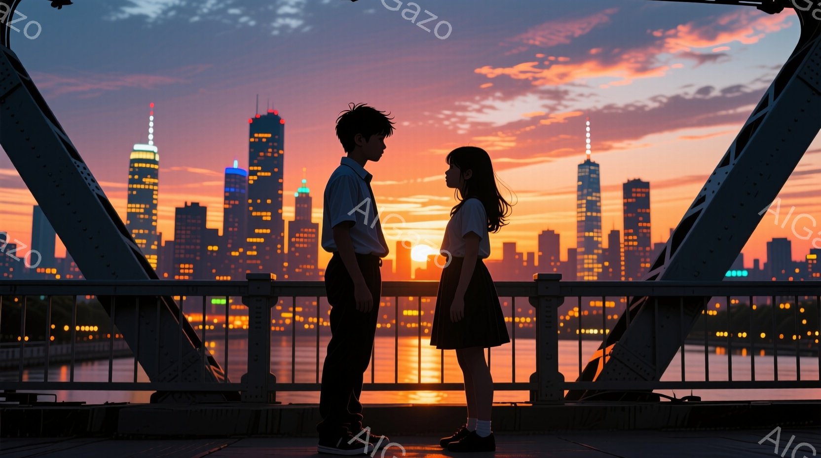 夕焼けを背景に、若い男女が橋の上で向き合って立っている。少年は制服のような服装で、短髪、少女はワンピースを着ており、ロングヘアである。背景には、夕日に照らされた都市のスカイラインが広がり、水面には光の反射が見られる、暖かくノスタルジックな雰囲気である。