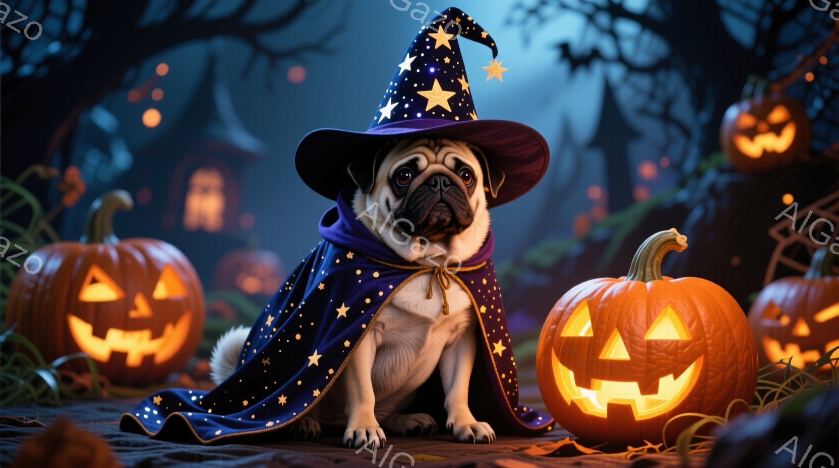 愛らしいパグ犬が、星柄の魔法使いのケープと帽子を身に着けて座っています。周りにはジャック・オー・ランタンが並べられ、不気味ながらも可愛らしいハロウィーンの雰囲気を醸し出しています。背景には暗い森とぼんやりとした建物が見え、月明かりが差して神秘的な光景を作り出しています。