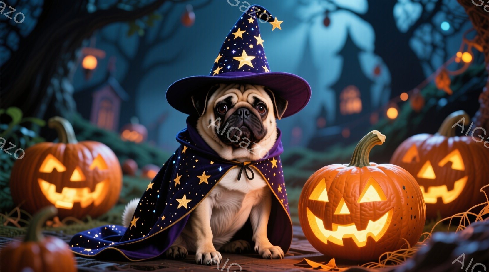 黒い服を着て、星が散りばめられた紫色のマントを羽織り、魔女帽子をかぶったパグが、正面を見つめて座っています。背景には、ジャック・オ・ランタンがいくつか置かれ、遠くにはシルエットで描かれた建物が見え、少 - AI生成フリー素材