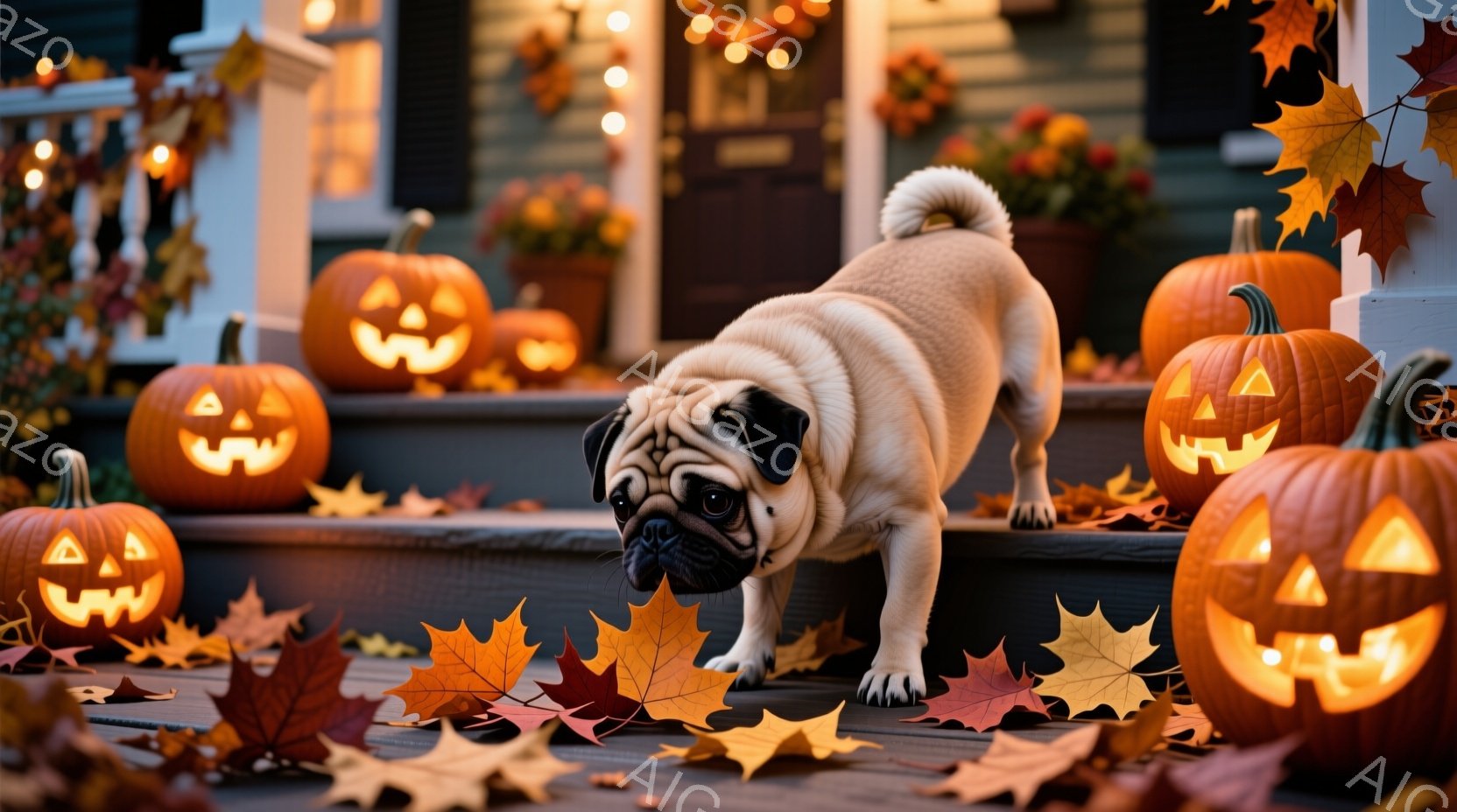 パグが玄関の段差に立ち、秋の落ち葉とハロウィーンのジャック・オー・ランタンに囲まれています。パグは少しうつむき、地面に注意を払っているようで、その毛並みは明るいベージュ色です。背景には、ハロウィーンの - AI生成フリー素材