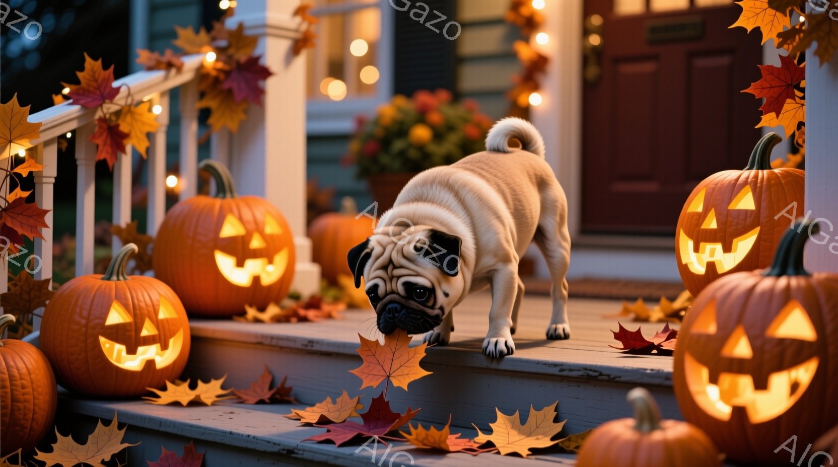 段ボールの階段に、ハロウィーンの装飾が施された玄関前にパグが立っている。周りには彫刻が施されたカボチャのランタンが置かれ、落ち葉が舞っていることから秋の雰囲気を感じさせる。パグは前方に注目しており、ハロウィーンの準備を楽しむ様子が伝わってくる。