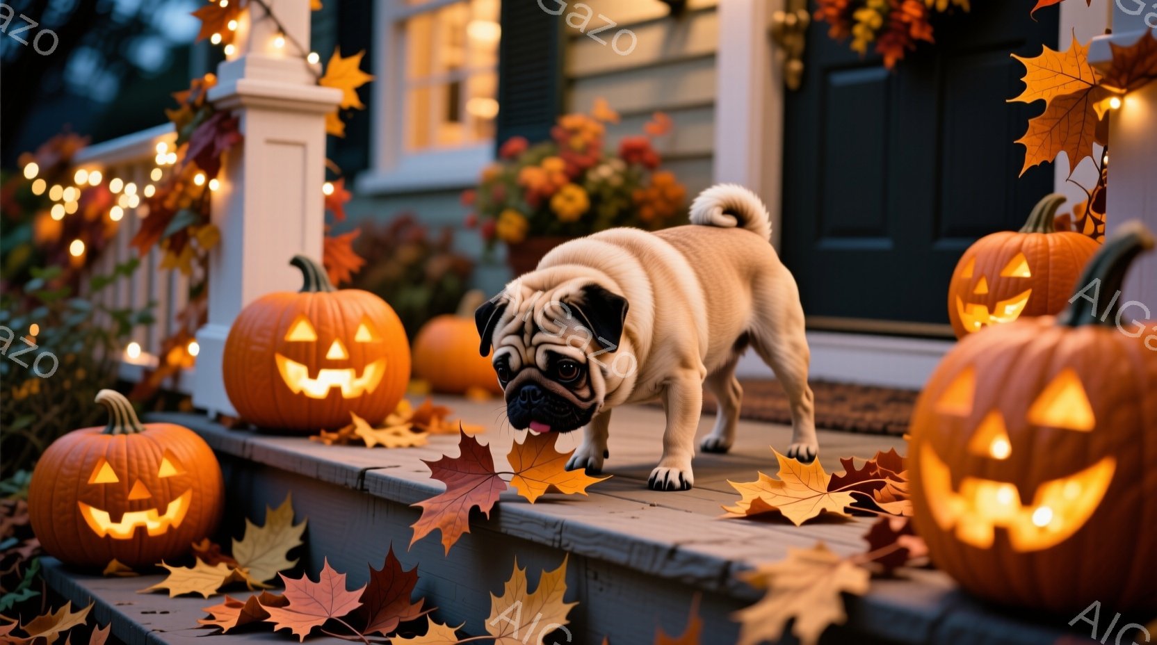 灰色のステップの上に、舌を少し出した可愛らしいパグが立っています。周りにはオレンジ色のハロウィンカボチャや落ち葉が散らばり、背景には装飾された玄関や花が飾られています。全体的に暖かく、秋らしい、お祭り - AI生成フリー素材