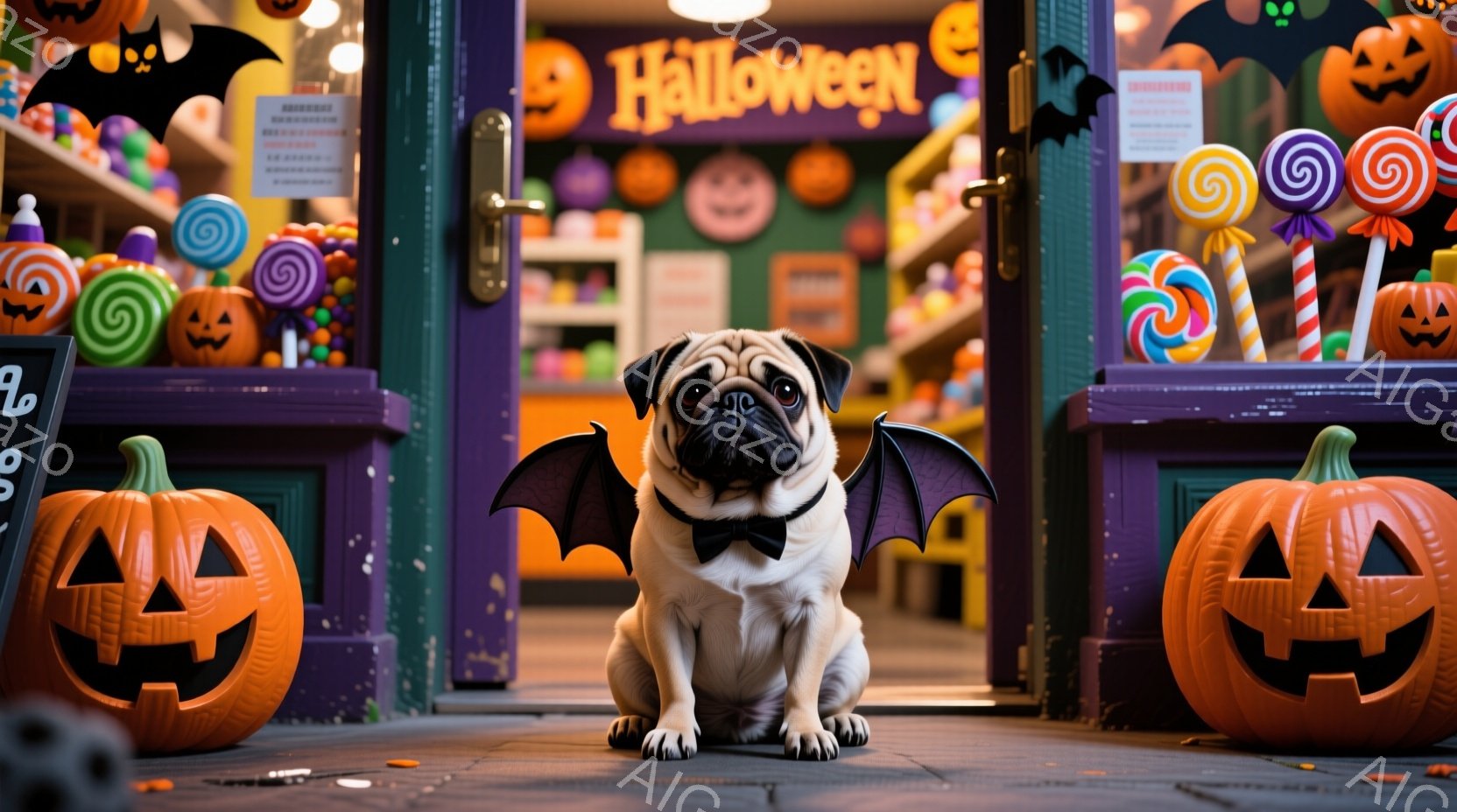 愛らしいパグ犬が、ハロウィーンの装飾が施された店の前に座っています。黒い蝶ネクタイと羽をつけており、少し困ったような表情をしています。背景には、かぼちゃのランタンやカラフルなキャンディーが飾られた店があり、ハロウィーンの楽しい雰囲気が漂っています。