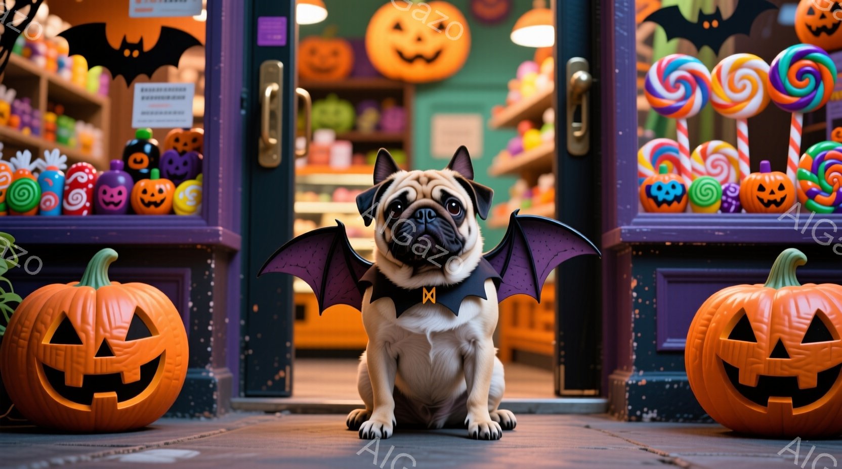クリーム色のパグがハロウィーンのコスチュームを着て正面を向いています。黒いコウモリの翼と首輪をつけており、少し困ったような表情をしています。背景には、ハロウィーンの装飾が施されたお店があり、両脇にはジャック・オー・ランタンが置かれています。