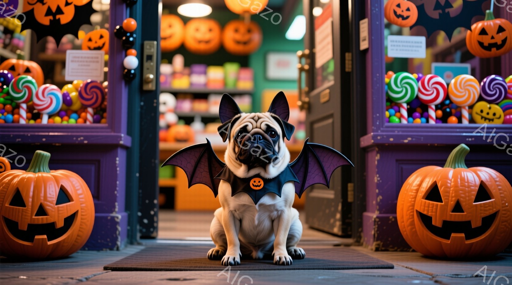 白地に黒い斑点模様のパグ犬が、黒いコウモリの羽を付けて正面を向いています。犬は床に座っており、少し虚ろな表情をしています。背景にはハロウィーンの装飾、特にパンプキンやカラフルなキャンディで飾られたお店 - AI生成フリー素材
