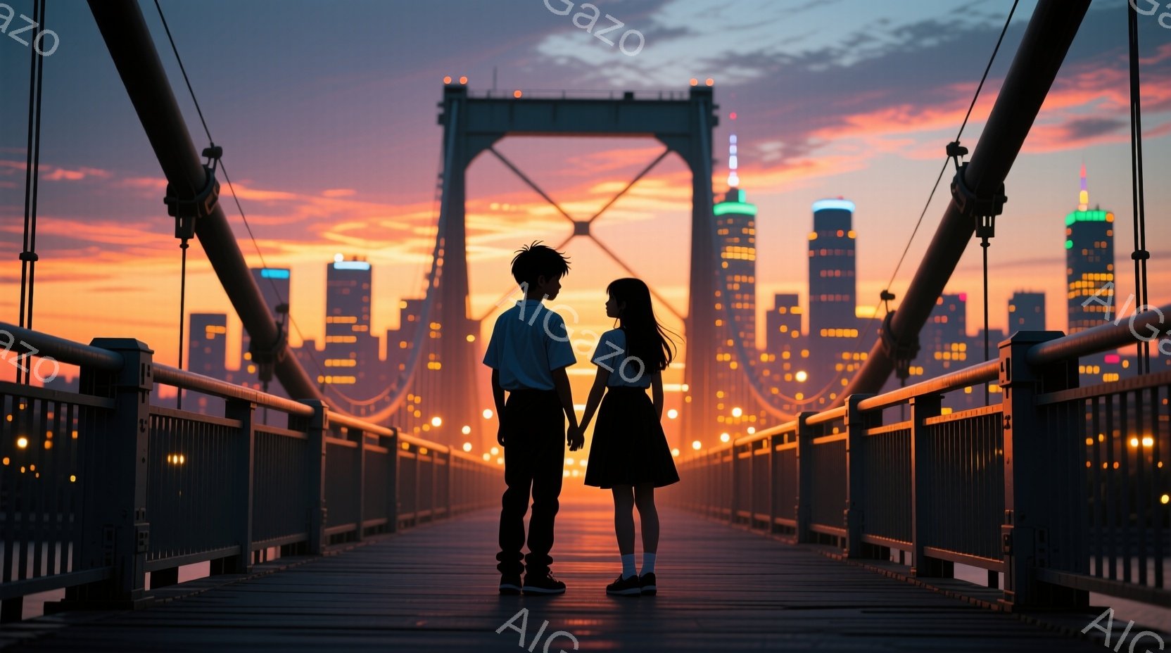 少年と少女が橋の上で手をつないで立っているシルエットが印象的だ。少年はシャツとズボン、少女はスカートと靴を履いており、共に後ろ姿である。背景には都市のスカイラインが広がり、夕焼け空と建物の光が幻想的な - AI生成フリー素材