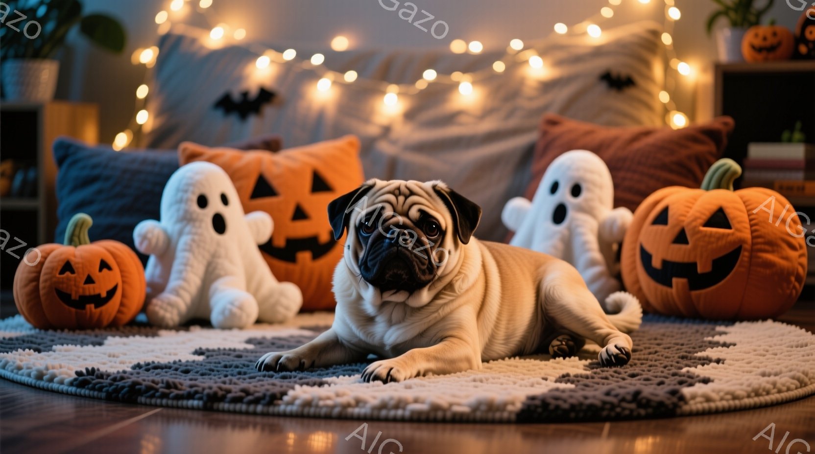 パグが、ハロウィーンをテーマにした部屋の中で、カーペットの上に横たわっています。背景には、ジャック・オー・ランタンのぬいぐるみやゴーストのぬいぐるみ、そしてオレンジ色のクッションが置かれ、温かい光が室内を照らしています。全体的に、秋のハロウィーンの雰囲気を醸し出した、居心地の良い暖かい光景です。
