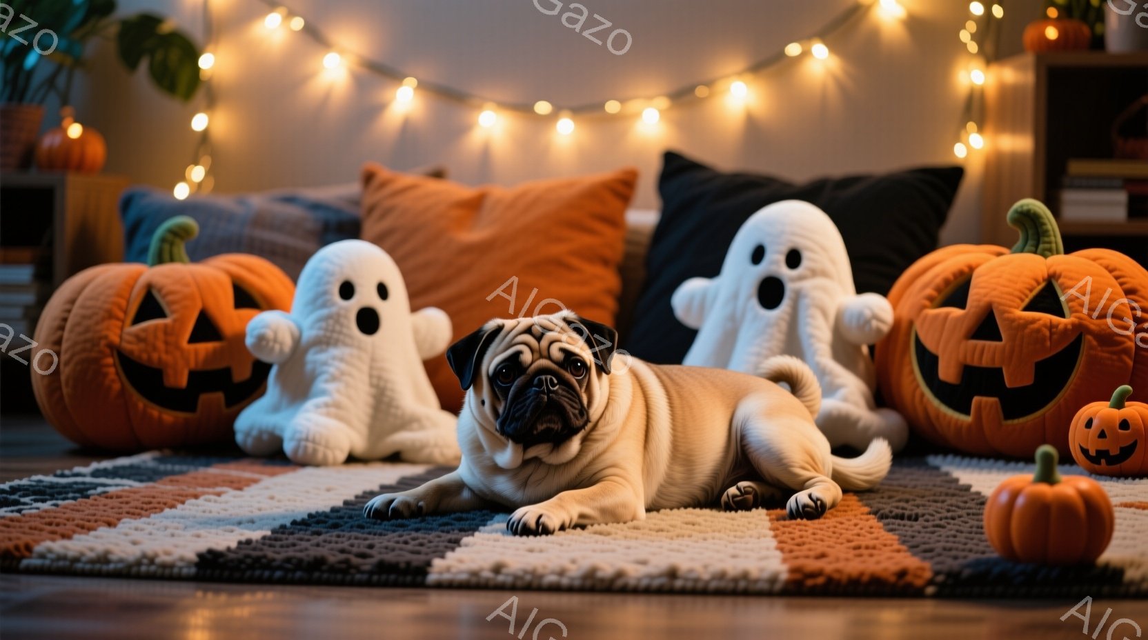 居間には、オレンジとクリーム色のストライプ模様のラグが敷かれ、その上にパグが横たわっています。周囲には、ハロウィーンの飾りであるジャック・オー・ランタンと幽霊のぬいぐるみがあり、部屋全体が温かく、お祝いムードに包まれています。背景には、オレンジ色のクッションや植物が見え、ハロウィーンの装飾が雰囲気を高めています。