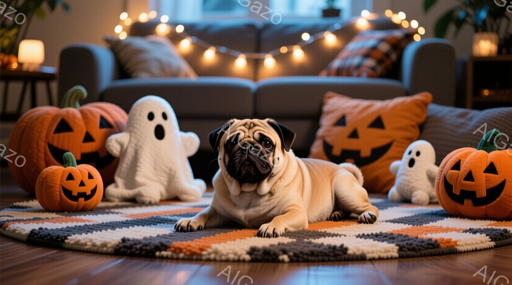 パグがハロウィーンの装飾が施された部屋の中央に横たわっています。周囲には、オレンジ色のジャック・オ・ランタンと白いゴーストのぬいぐるみがあり、床にはハロウィーンをテーマにした円形の敷物が敷かれています。背景には、点灯されたハロウィーンライトで飾られたソファがあり、暖かく居心地の良い秋の雰囲気を醸し出しています。
