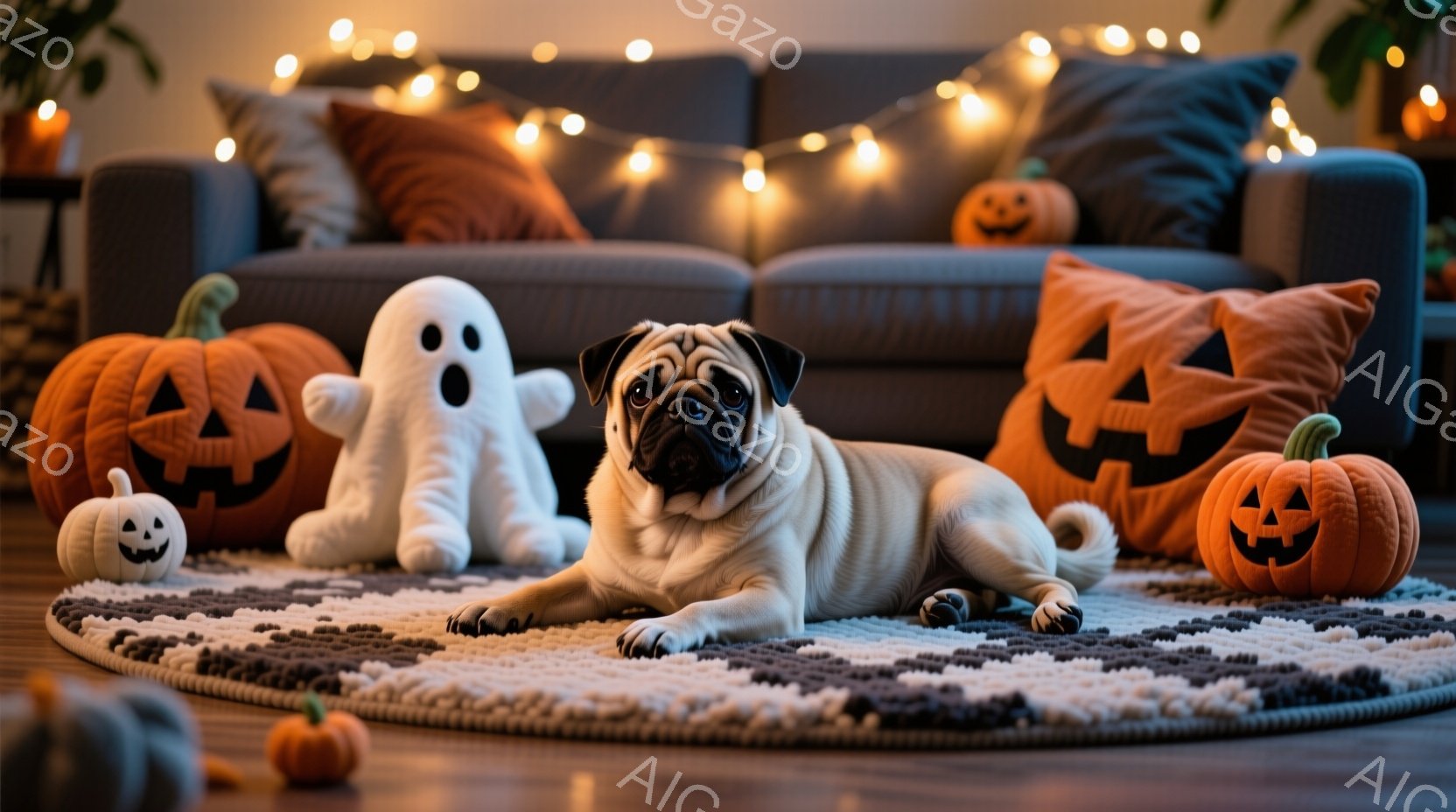 ベージュ色のパグが、ハロウィーンをテーマにしたカーペットの上に横たわっています。背景には、オレンジ色のジャック・オー・ランタンや白いお化けのぬいぐるみが置かれ、暖色のライトがハロウィーンの雰囲気を盛り上げています。全体的に、居心地が良く、秋のハロウィーンを楽しむ様子が伝わってきます。