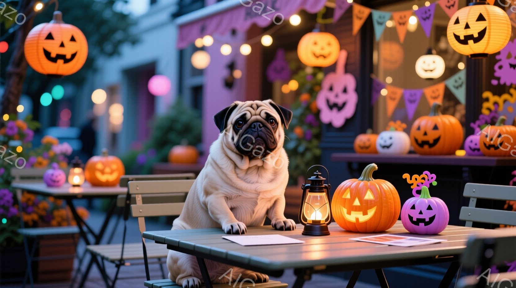 パグがハロウィンの装飾が施された屋外のカフェのテーブルに座っています。テーブルの上には、点灯したランタンと、オレンジと紫色の2つのジャック・オ・ランタンが置かれており、背景には、さまざまな大きさのジャック・オ・ランタンと、ハロウィーンの飾り付けがされた建物が見えます。 全体的に、ハロウィーンの夜の温かく、お祝いの雰囲気を感じさせます。
