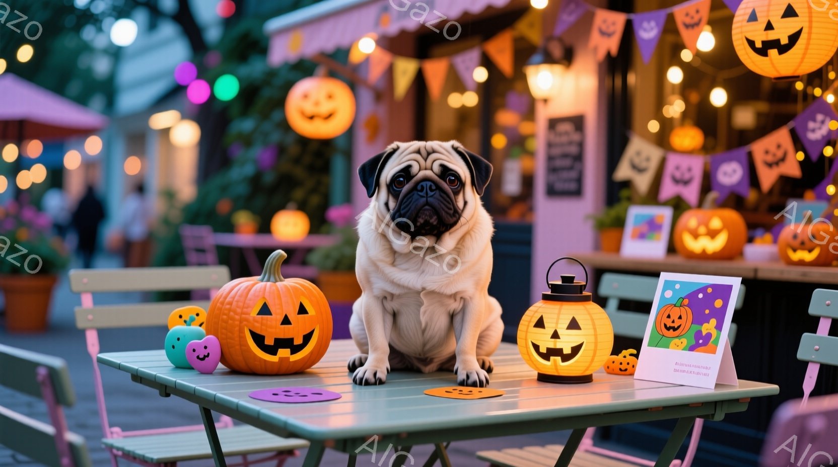 白いパグが屋外のテーブルに座っており、ハロウィーンの装飾に囲まれています。テーブルの上には、くり抜かれたジャック・オー・ランタン、小さなカボチャ、そして光るハロウィーンランタンが置かれ、背景にはハロウィーンをテーマにした旗や、ぼんやりとした建物が見えます。全体的に、温かく、お祝いムード満点のハロウィーンの雰囲気です。