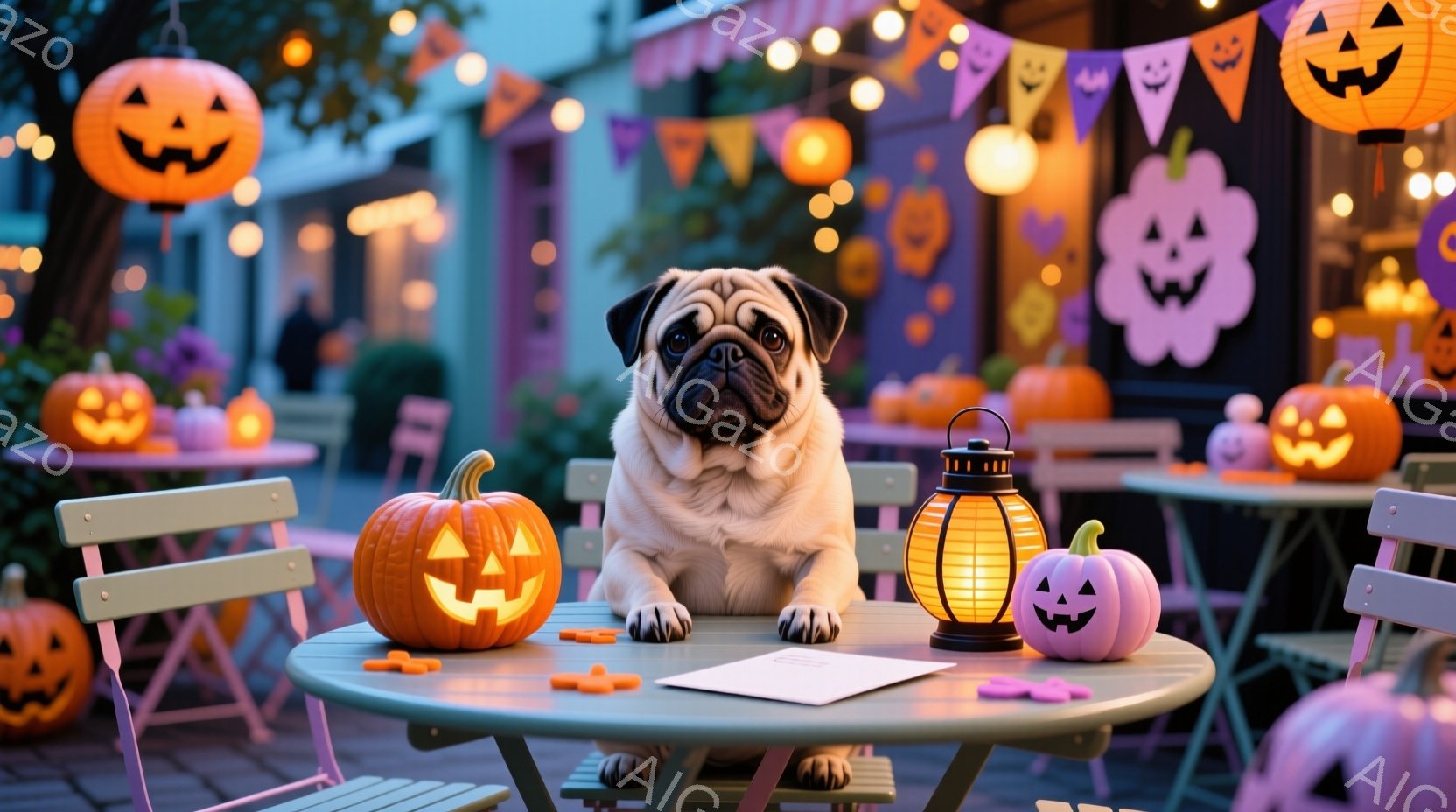 パグがハロウィーンの装飾がされた屋外のテーブルに座っています。テーブルの上には、様々な大きさのジャック・オー・ランタン、ランタン、そしてお菓子が置かれ、まるでハロウィーンパーティーの準備をしているかの - AI生成フリー素材