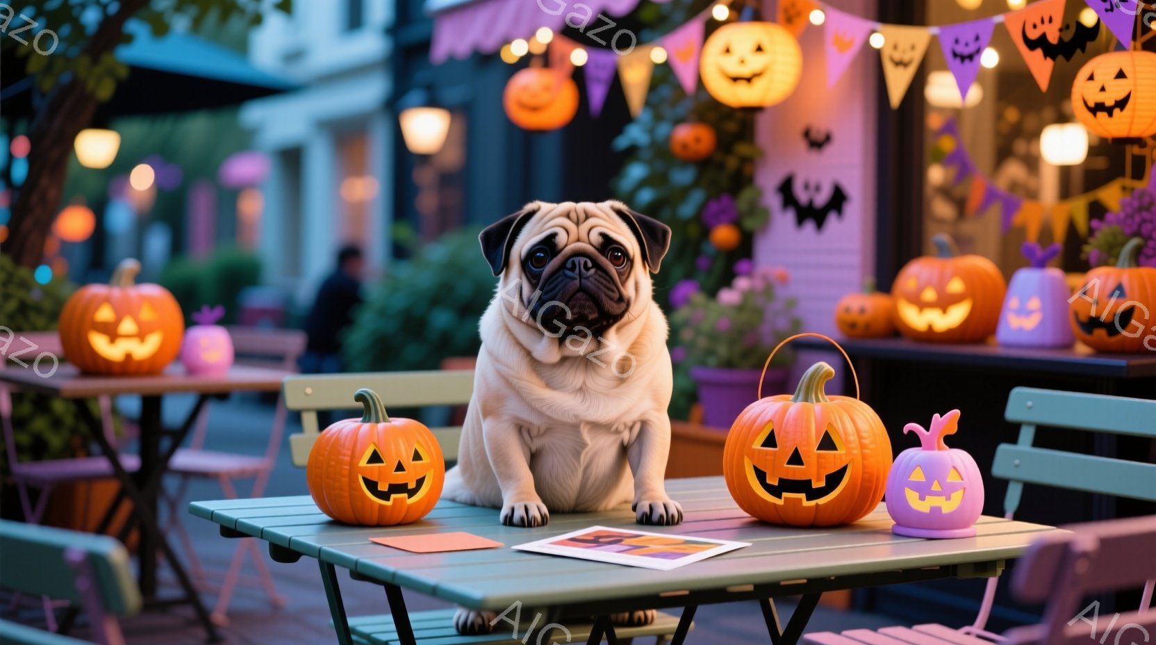 パグが、ハロウィーンの装飾がされた屋外カフェのテーブルに座っています。テーブルの上には、ジャック・オー・ランタンがいくつか置かれ、パグはその中央で少し困った表情をしています。背景には、カラフルな照明と - AI生成フリー素材