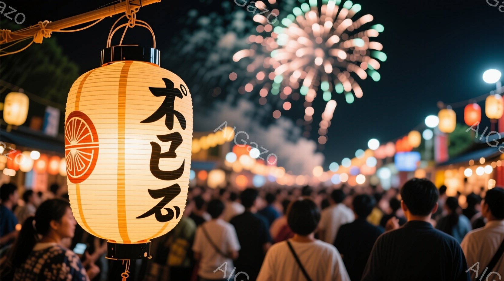 祭りの夜の賑わいを捉えています。提灯には「あそび」という文字が書かれており、多くの人々が後ろ姿で写っています。背景には、提灯が並び、夜空には花火が打ち上げられ、活気と熱気に満ちた雰囲気を醸し出していま - AI生成フリー素材