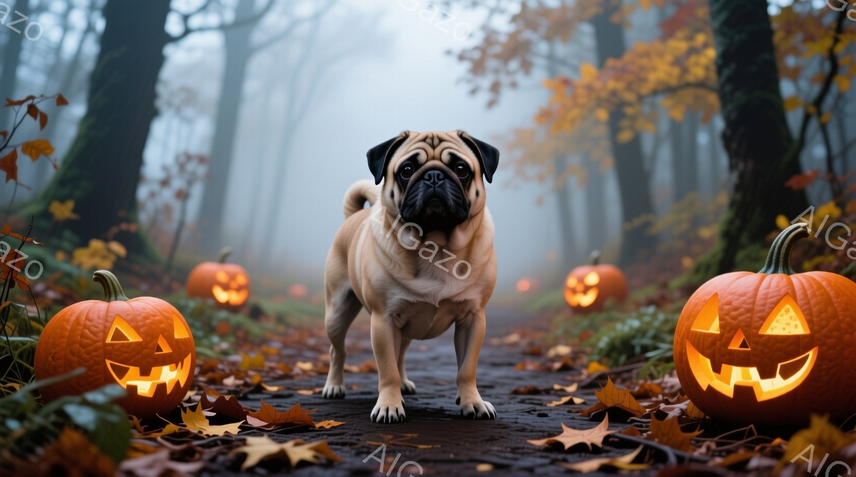 パグが落ち葉が散らばる森の道で正面を向いて立っている。背景には、ジャック・オー・ランタンが並び、ハロウィーンの雰囲気を醸し出している。全体的に、霧がかかった秋の森で、少し不気味ながらも温かい雰囲気であ - AI生成フリー素材