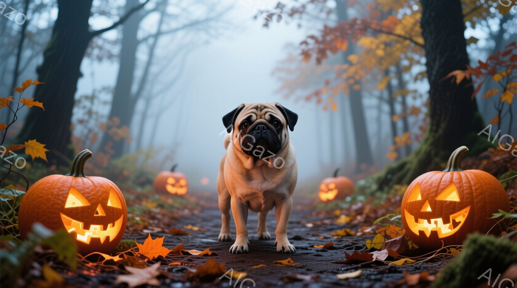 パンダを主眼としたホログラフィックのようなスタイルのイメージです。パンダは怖がらず、目を見上げる姿勢で立ち上がり、顔に微笑気を放つ表情をしています。背景はハロウィンの夜の森のような暗闇の中で、木々と多数のジャックオランタンが点在しており、幽玄な空気が漂っています。パンダは巨大な耳を持つことが特徴であり、その目元が非常にリアルであることが注目される特徴の一つです。