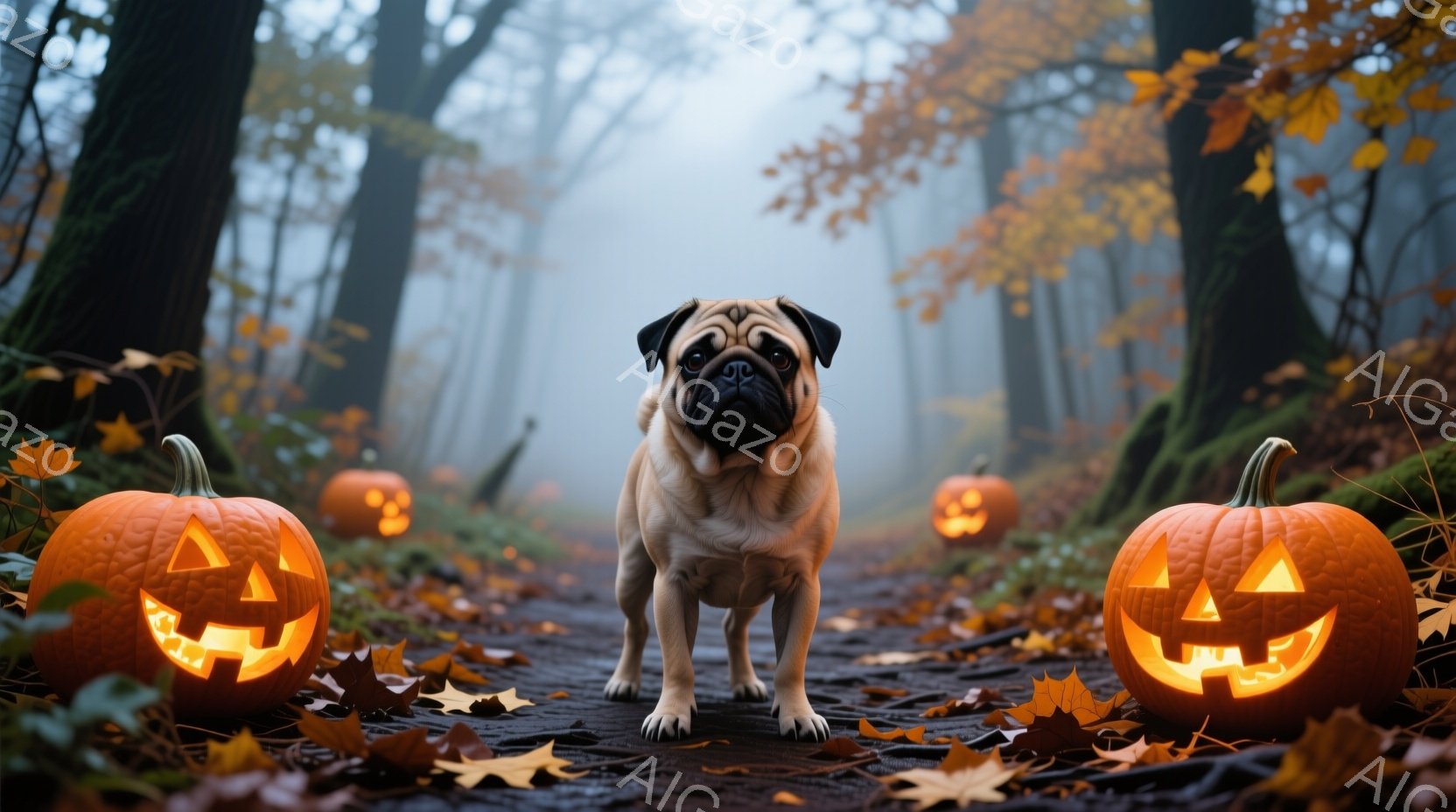 パグが落ち葉が散らばる森の道の中央に立っている。周囲にはジャック・オー・ランタンが並び、ハロウィーンの雰囲気を醸し出している。背景は霧に包まれた木々で、全体的に少し不気味でありながらも温かみのある雰囲気である。